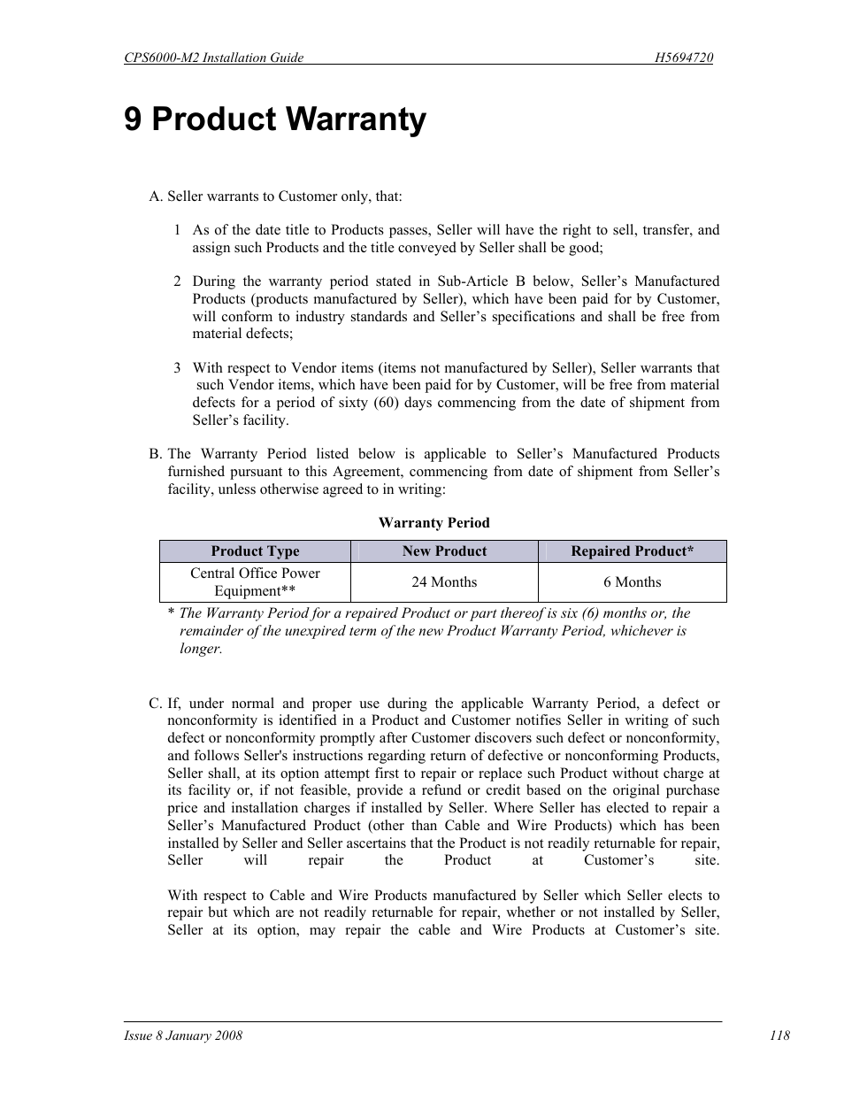 9 product warranty | GE Industrial Solutions CPS6000-M2 User Manual | Page 118 / 134