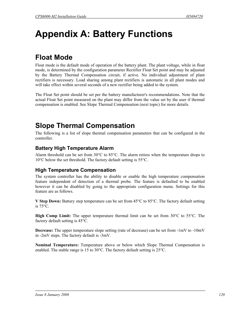 Appendix a: battery functions, Float mode, Slope thermal compensation | GE Industrial Solutions CPS6000-M2 User Manual | Page 120 / 134