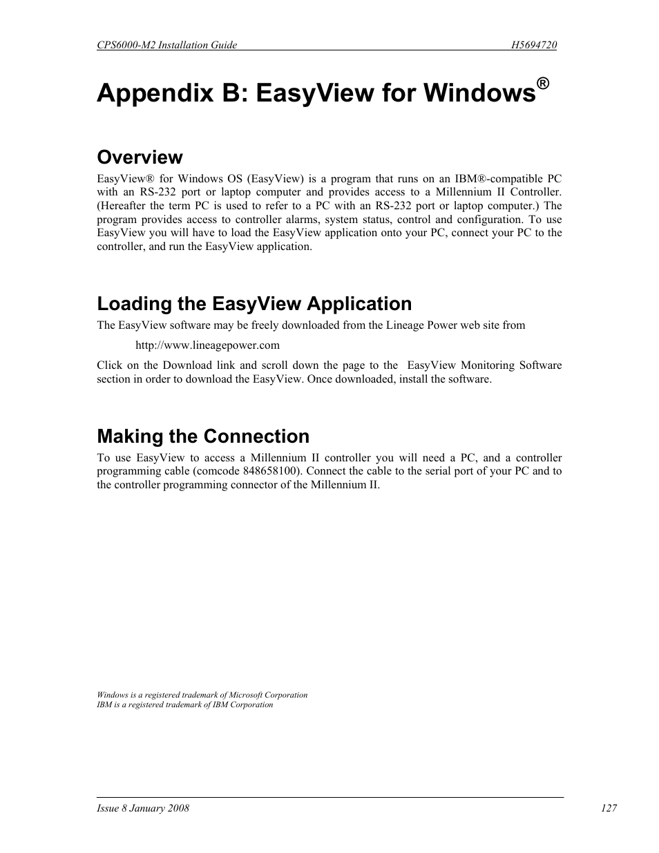 Appendix b: easyview for windows, Overview, Loading the easyview application | Making the connection | GE Industrial Solutions CPS6000-M2 User Manual | Page 127 / 134