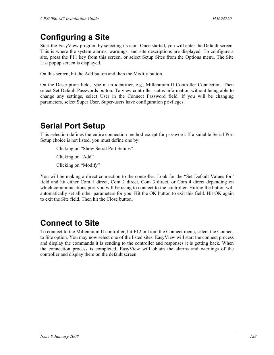 Configuring a site, Serial port setup, Connect to site | GE Industrial Solutions CPS6000-M2 User Manual | Page 128 / 134