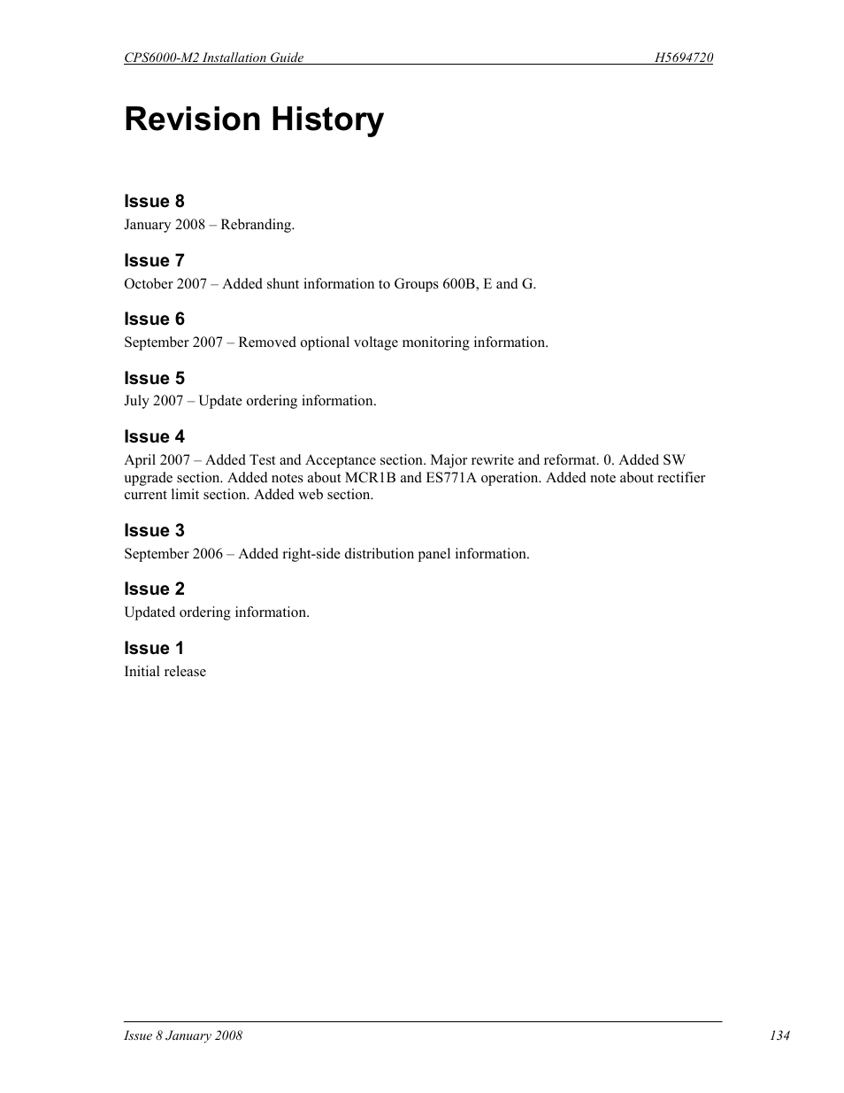 Revision history | GE Industrial Solutions CPS6000-M2 User Manual | Page 134 / 134