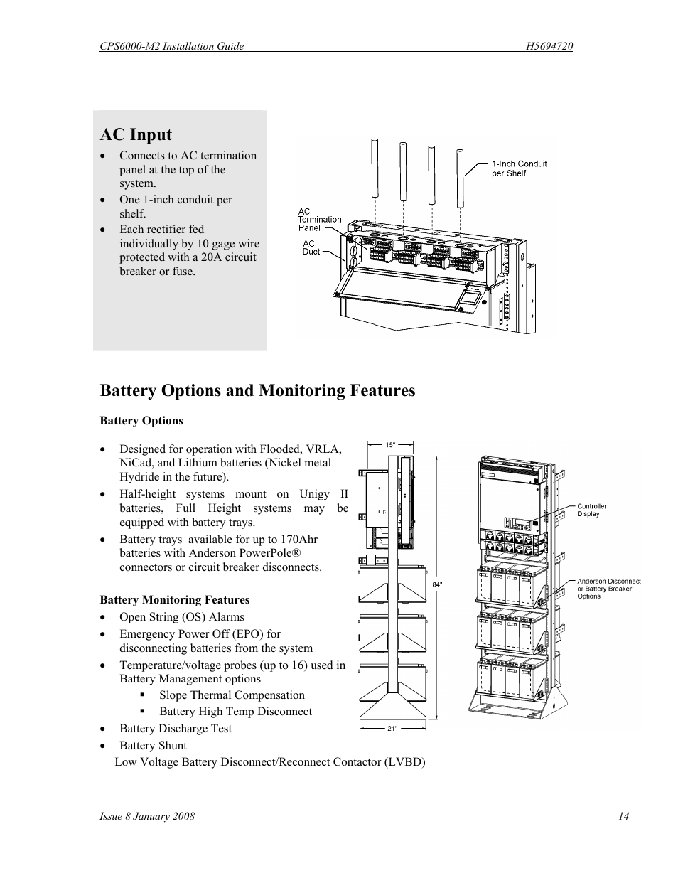 Ac input, Battery options and monitoring features | GE Industrial Solutions CPS6000-M2 User Manual | Page 14 / 134