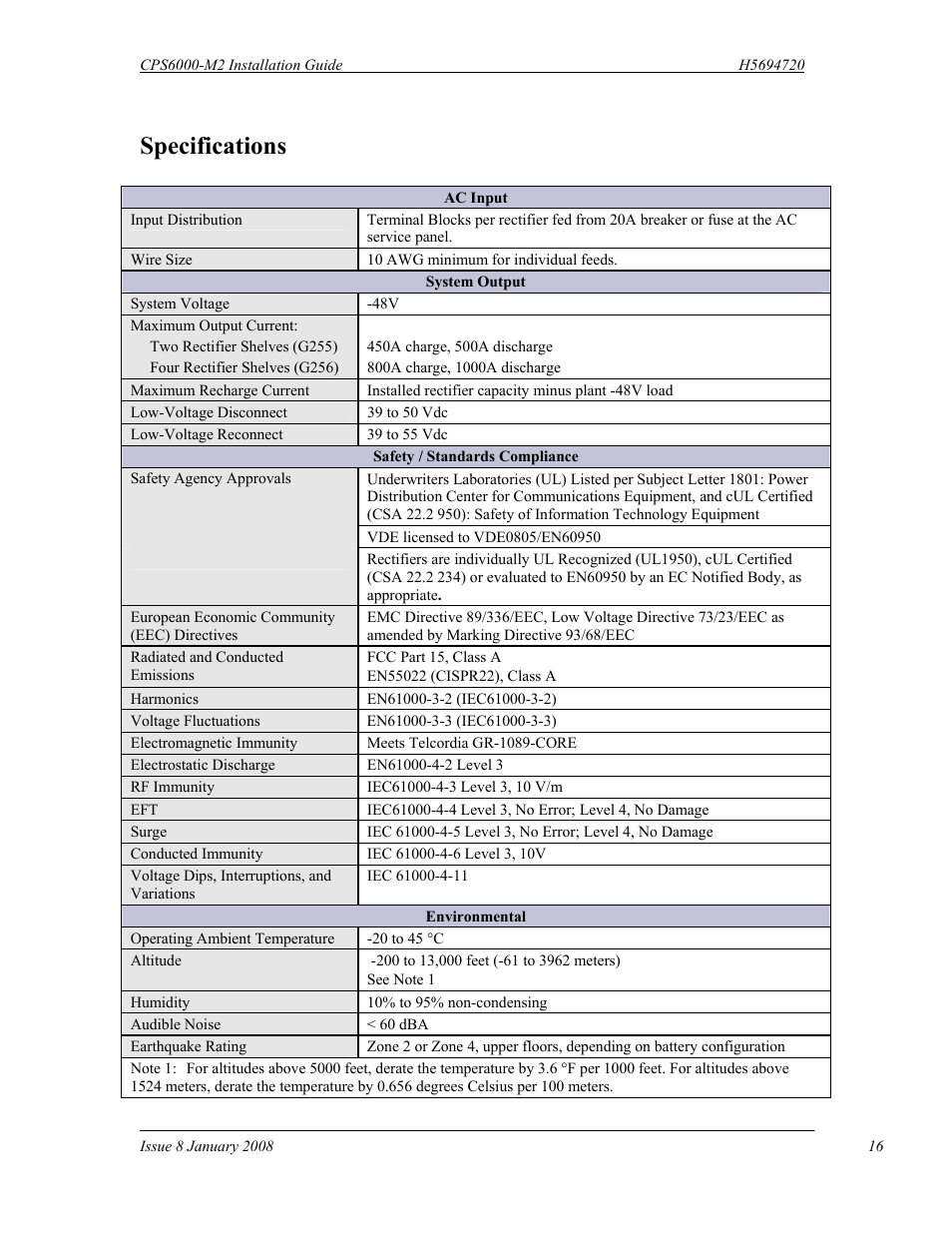 Specifications | GE Industrial Solutions CPS6000-M2 User Manual | Page 16 / 134
