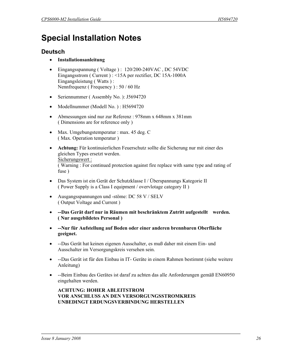 Special installation notes | GE Industrial Solutions CPS6000-M2 User Manual | Page 26 / 134