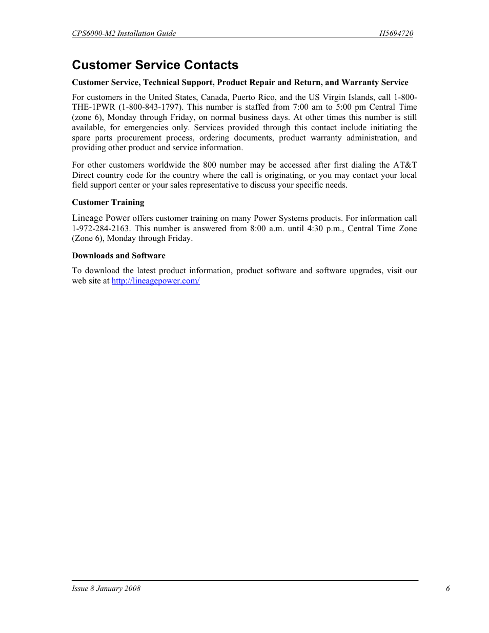Customer service contacts | GE Industrial Solutions CPS6000-M2 User Manual | Page 6 / 134