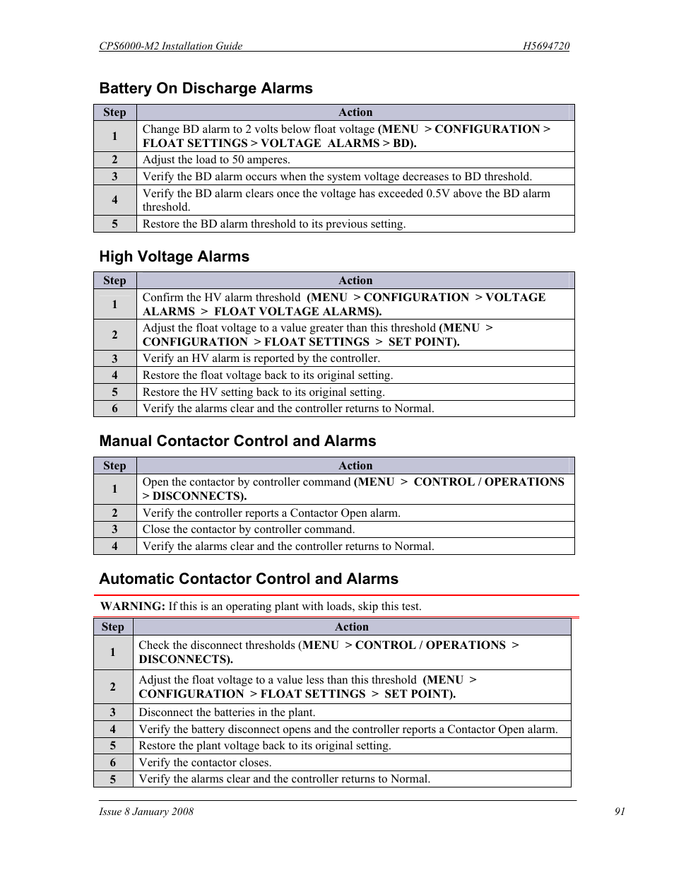 Battery on discharge alarms, High voltage alarms, Manual contactor control and alarms | Automatic contactor control and alarms | GE Industrial Solutions CPS6000-M2 User Manual | Page 91 / 134