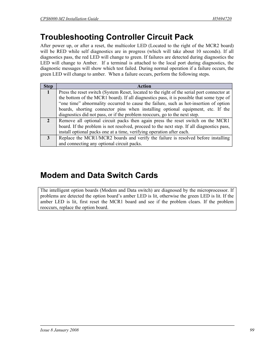 Troubleshooting controller circuit pack, Modem and data switch cards | GE Industrial Solutions CPS6000-M2 User Manual | Page 99 / 134