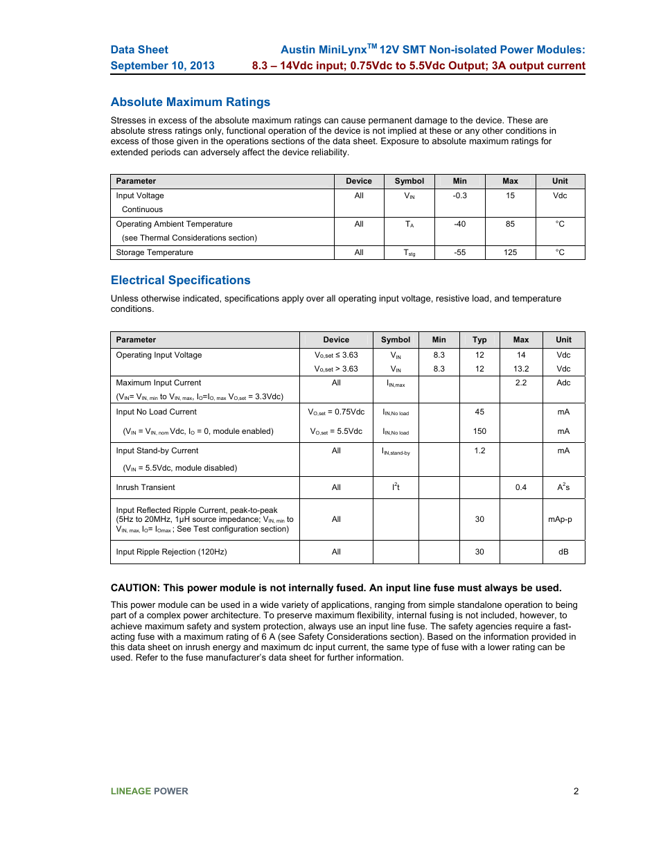 Absolute maximum ratings, Electrical specifications, Austin minilynx | GE Industrial Solutions Austin Minilynx 12V SMT User Manual | Page 2 / 20