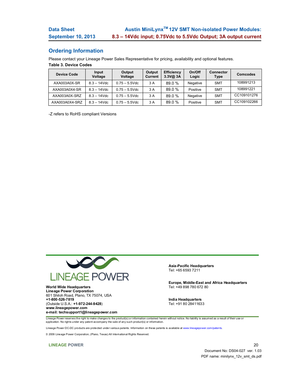 Ordering information, Austin minilynx | GE Industrial Solutions Austin Minilynx 12V SMT User Manual | Page 20 / 20