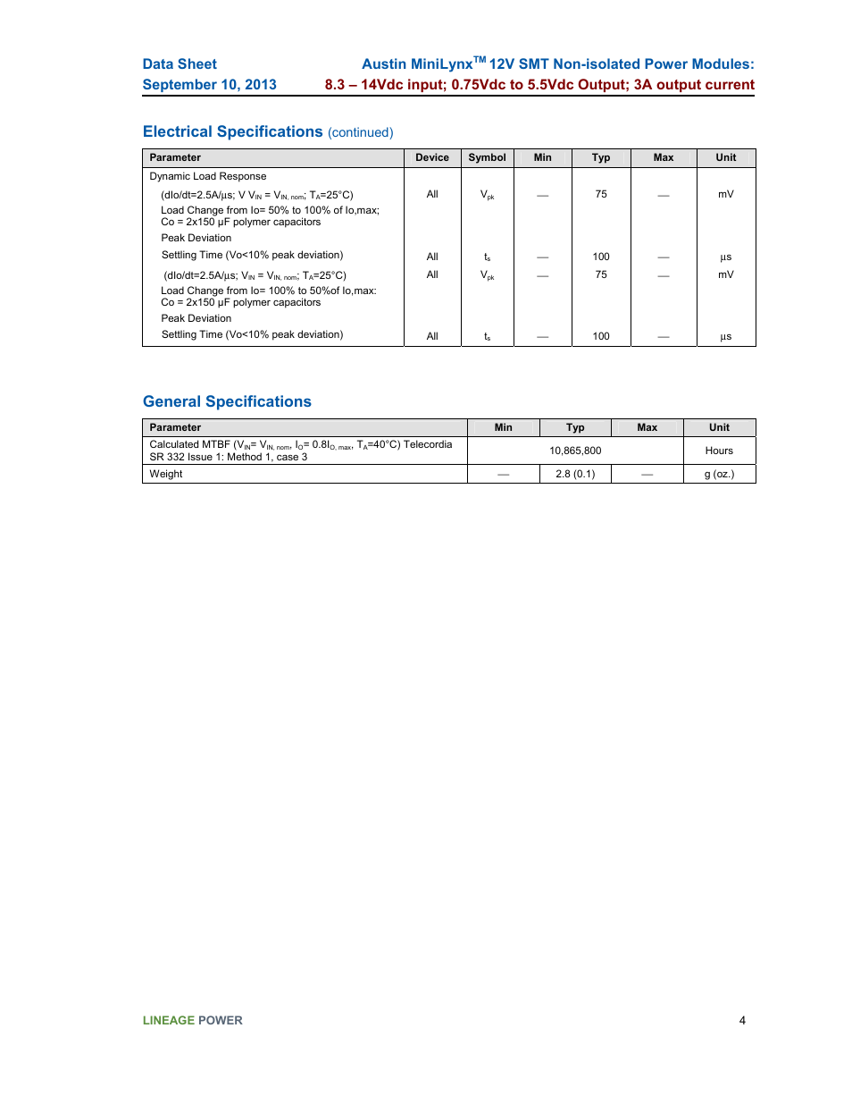 Electrical specifications, General specifications, Austin minilynx | GE Industrial Solutions Austin Minilynx 12V SMT User Manual | Page 4 / 20