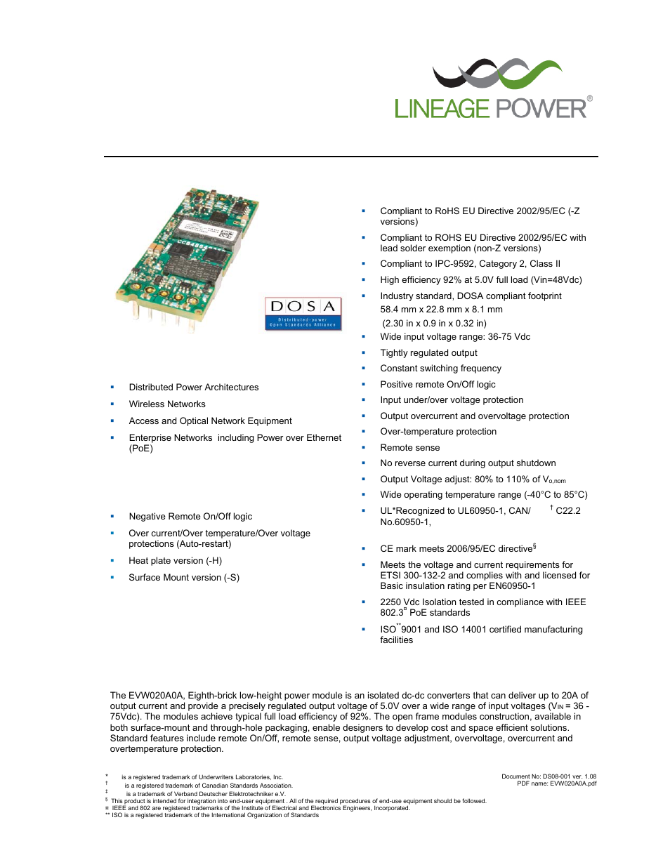 GE Industrial Solutions EVW020A0A Series (Eighth-Brick) User Manual | 19 pages