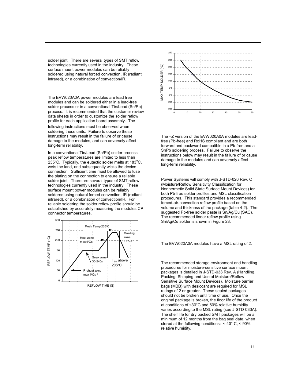 Surface mount information, Continued), Tin lead soldering | Lead free soldering, Pb-free reflow profile, Msl rating, Storage and handling | GE Industrial Solutions EVW020A0A Series (Eighth-Brick) User Manual | Page 11 / 19