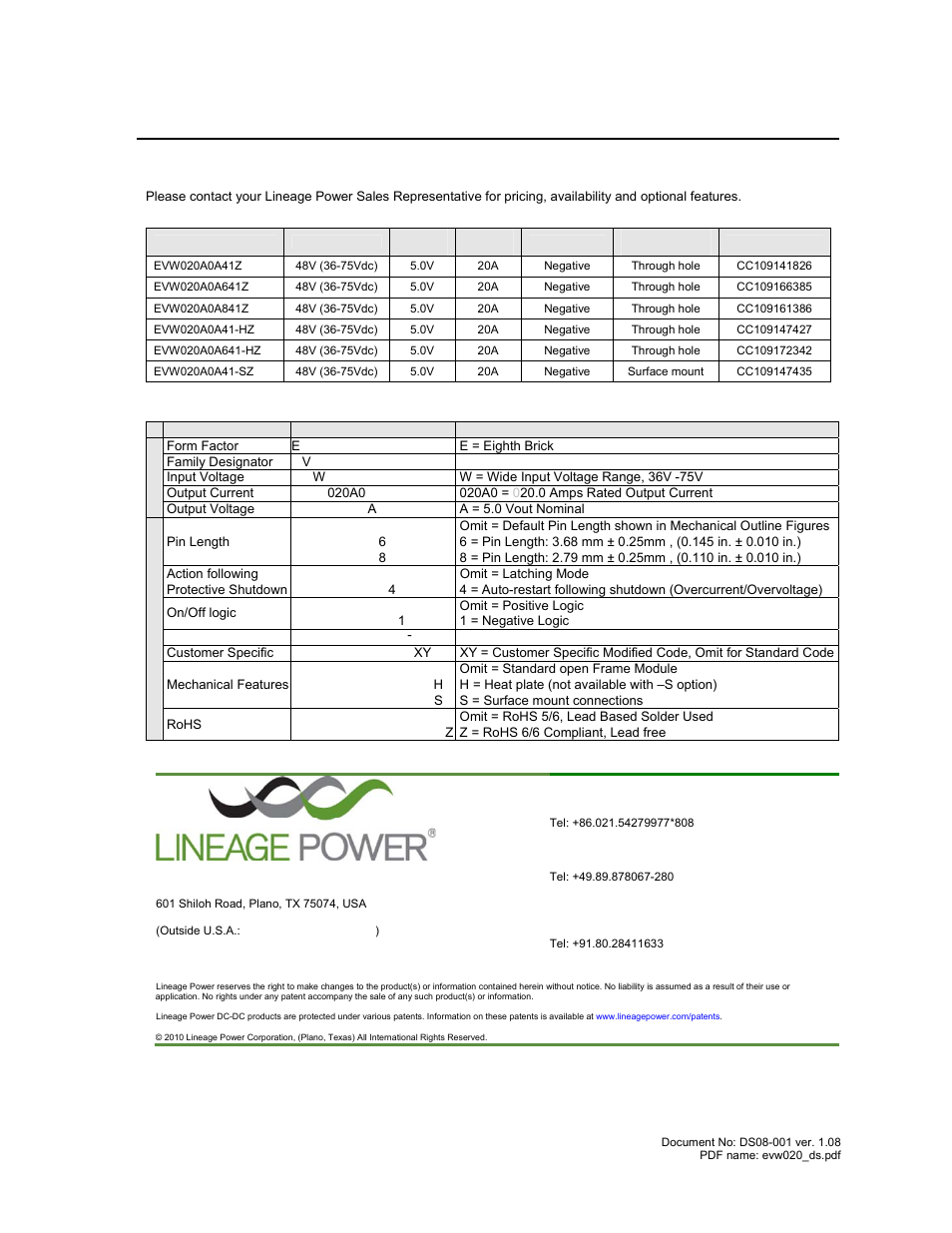 Ordering information | GE Industrial Solutions EVW020A0A Series (Eighth-Brick) User Manual | Page 19 / 19