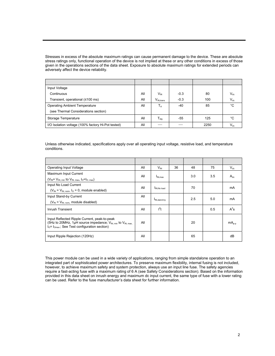 Absolute maximum ratings, Electrical specifications | GE Industrial Solutions EVW020A0A Series (Eighth-Brick) User Manual | Page 2 / 19