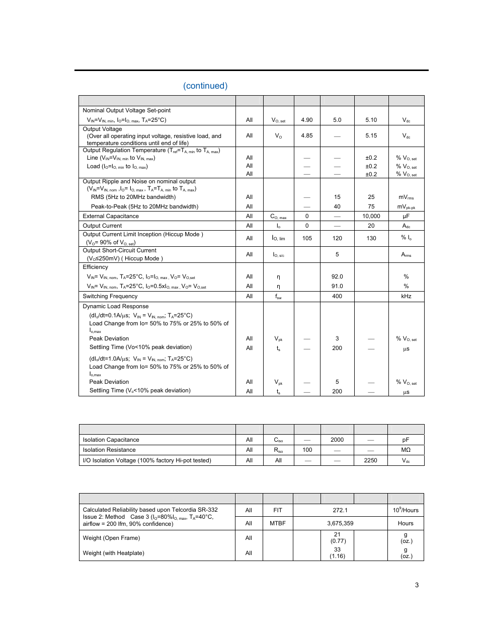 Electrical specifications (continued), Isolation specifications, General specifications | GE Industrial Solutions EVW020A0A Series (Eighth-Brick) User Manual | Page 3 / 19