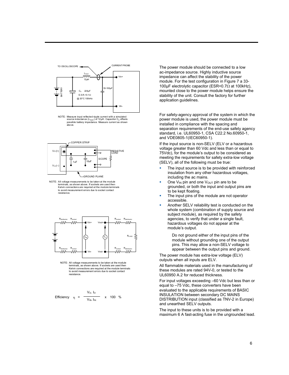 Test configurations, Design considerations, Safety considerations | Input filtering, Lineage power 6, Figure 8. output ripple and noise test setup, Figure 9. output voltage and efficiency test setup, Pin and one v | GE Industrial Solutions EVW020A0A Series (Eighth-Brick) User Manual | Page 6 / 19
