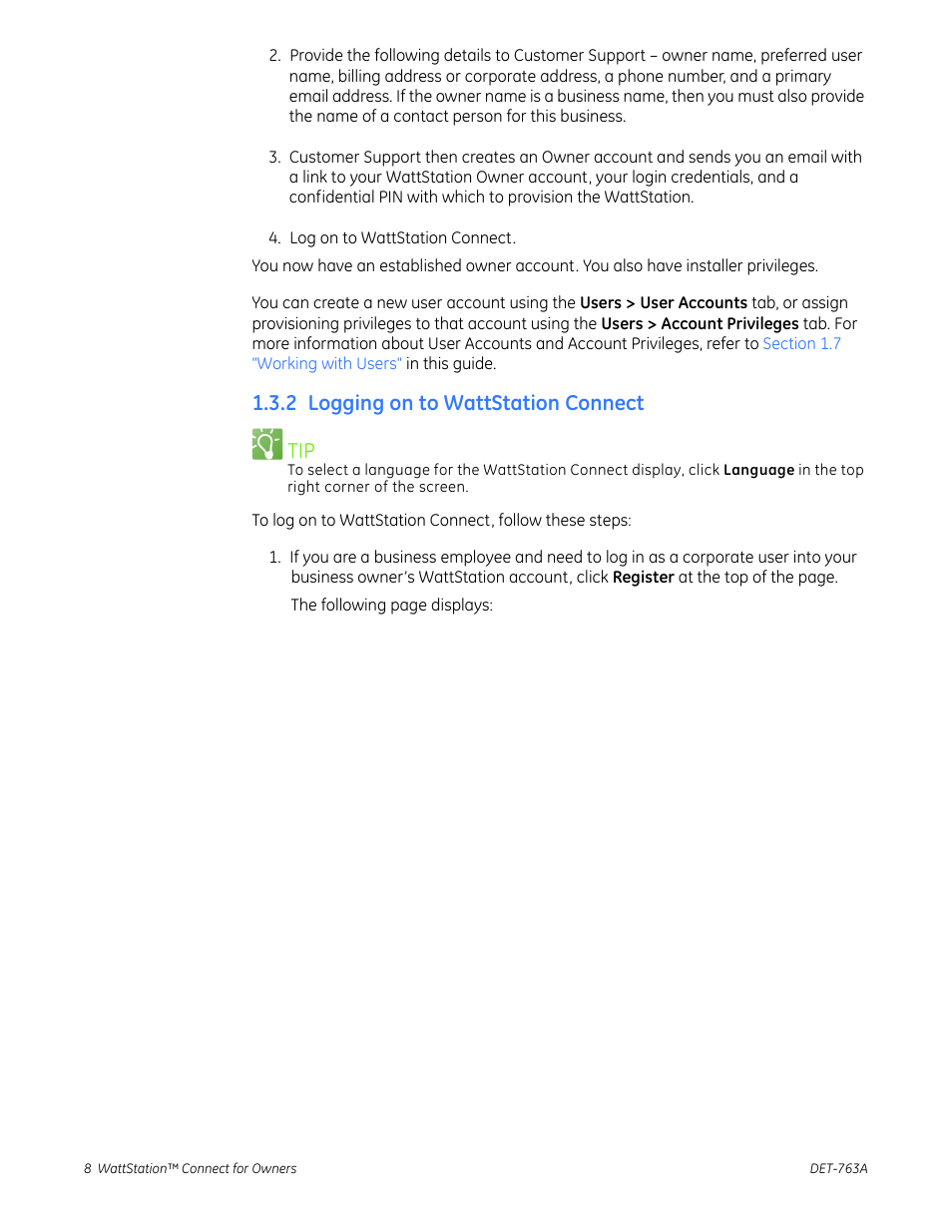 2 logging on to wattstation connect, 2 logging on to wattstation connect tip | GE Industrial Solutions WattStation Connect Owner Second Edition (iPhone) User Manual | Page 10 / 49