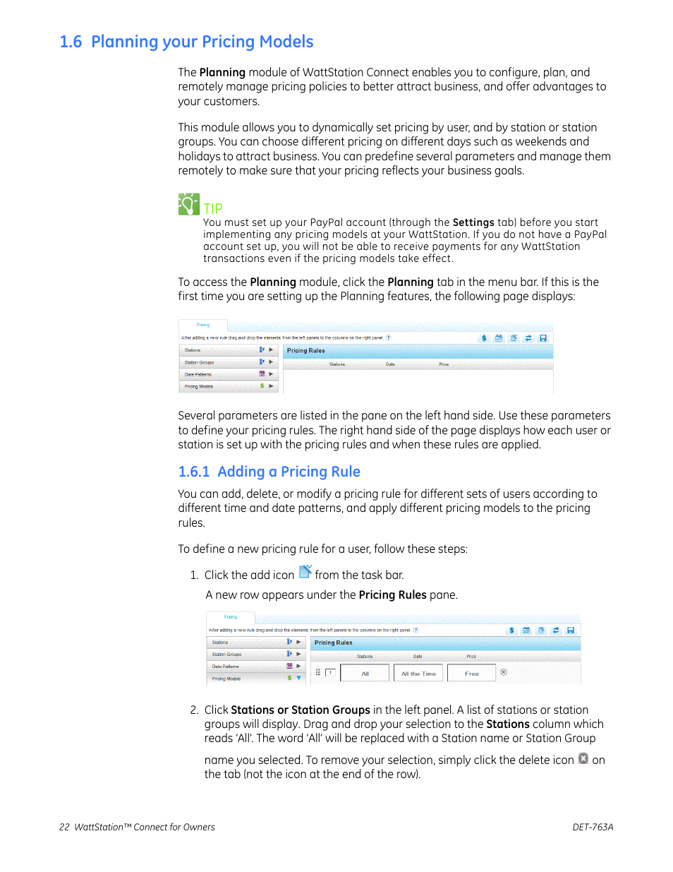 6 planning your pricing models, 1 adding a pricing rule | GE Industrial Solutions WattStation Connect Owner Second Edition (iPhone) User Manual | Page 24 / 49