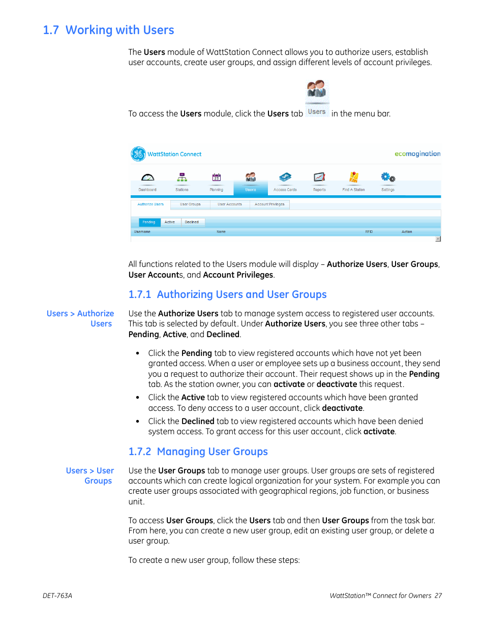 7 working with users, 1 authorizing users and user groups, 2 managing user groups | GE Industrial Solutions WattStation Connect Owner Second Edition (iPhone) User Manual | Page 29 / 49