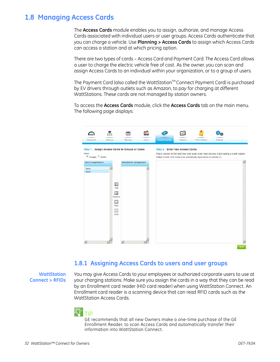 8 managing access cards, 1 assigning access cards to users and user groups | GE Industrial Solutions WattStation Connect Owner Second Edition (iPhone) User Manual | Page 34 / 49