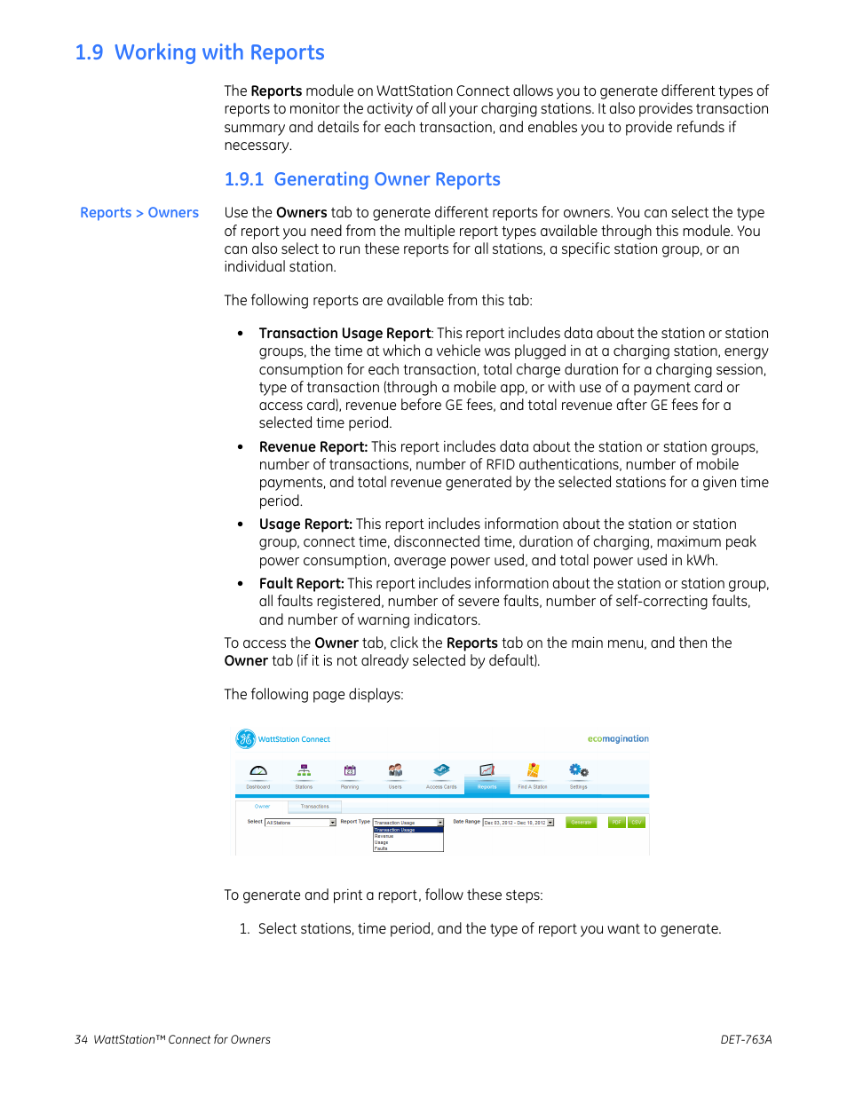 9 working with reports, 1 generating owner reports | GE Industrial Solutions WattStation Connect Owner Second Edition (iPhone) User Manual | Page 36 / 49