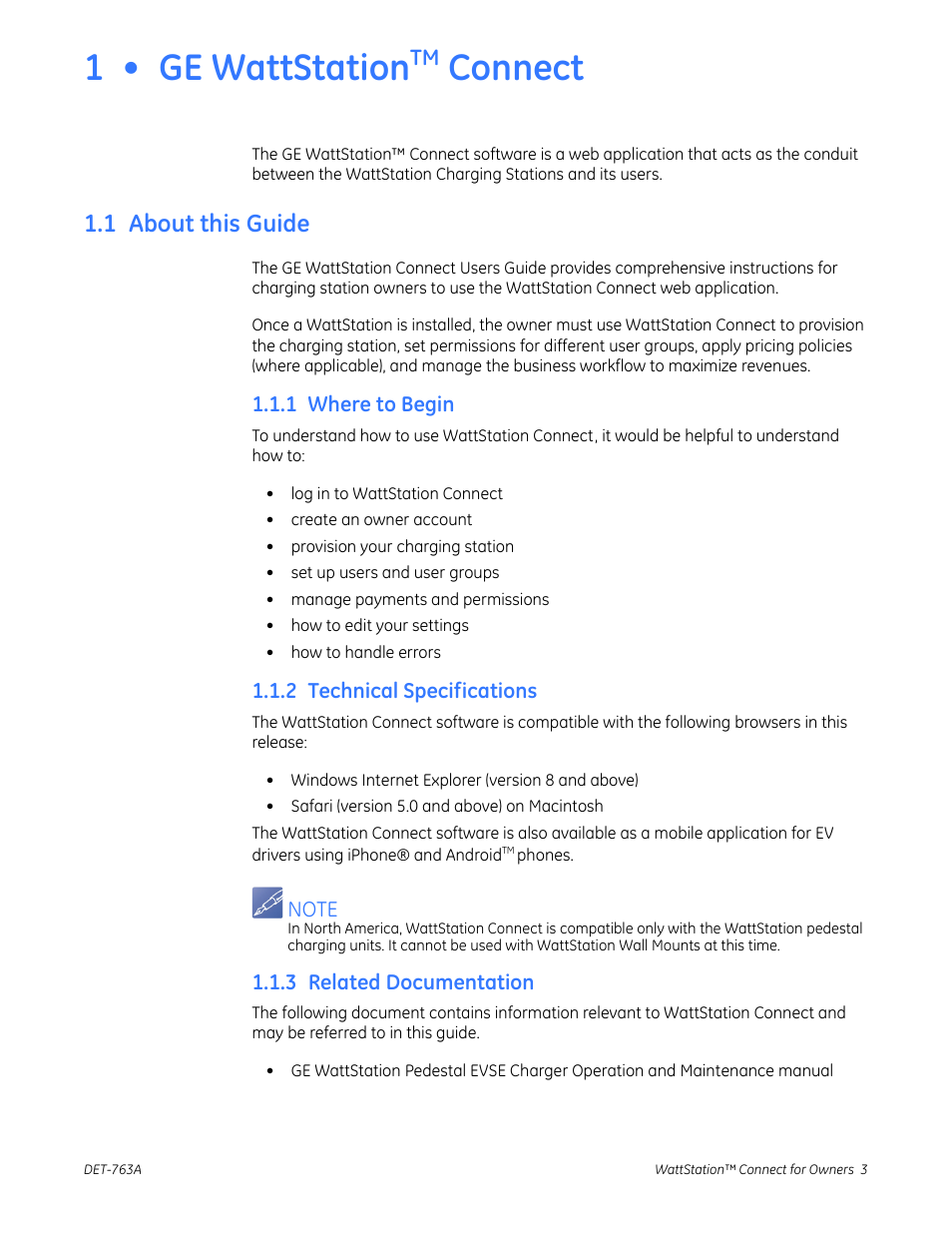 1 • ge wattstationtm connect, 1 about this guide, 1 where to begin | 2 technical specifications, 3 related documentation, 1 • ge wattstation, Connect | GE Industrial Solutions WattStation Connect Owner Second Edition (iPhone) User Manual | Page 5 / 49