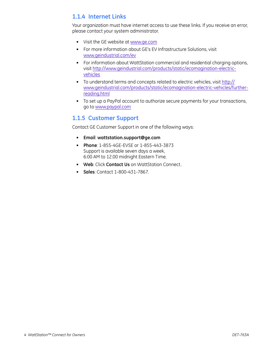 4 internet links, 5 customer support, 4 internet links 1.1.5 customer support | GE Industrial Solutions WattStation Connect Owner Second Edition (iPhone) User Manual | Page 6 / 49