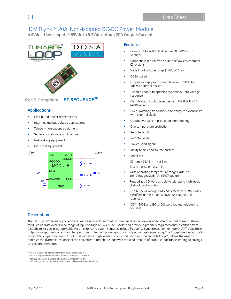 GE Industrial Solutions 12V TLynx 20A User Manual | 26 pages