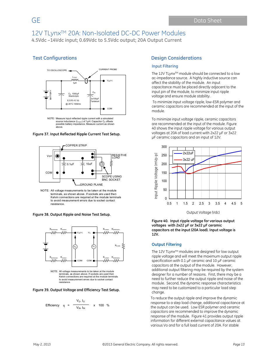 12v tlynx, 20a: non-isolated dc-dc power modules, Data sheet | Test configurations, Design considerations, Input filtering, Output filtering | GE Industrial Solutions 12V TLynx 20A User Manual | Page 13 / 26