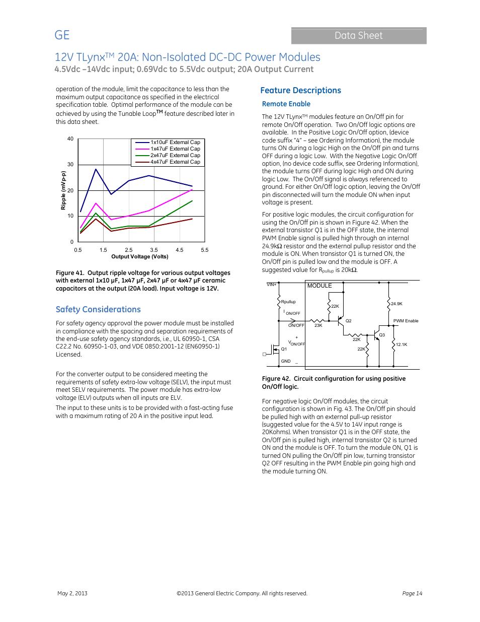 12v tlynx, 20a: non-isolated dc-dc power modules, Data sheet | Safety considerations, Feature descriptions | GE Industrial Solutions 12V TLynx 20A User Manual | Page 14 / 26
