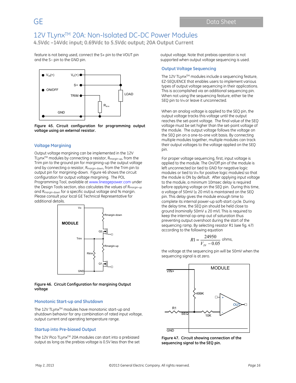 12v tlynx, 20a: non-isolated dc-dc power modules, Data sheet | GE Industrial Solutions 12V TLynx 20A User Manual | Page 16 / 26