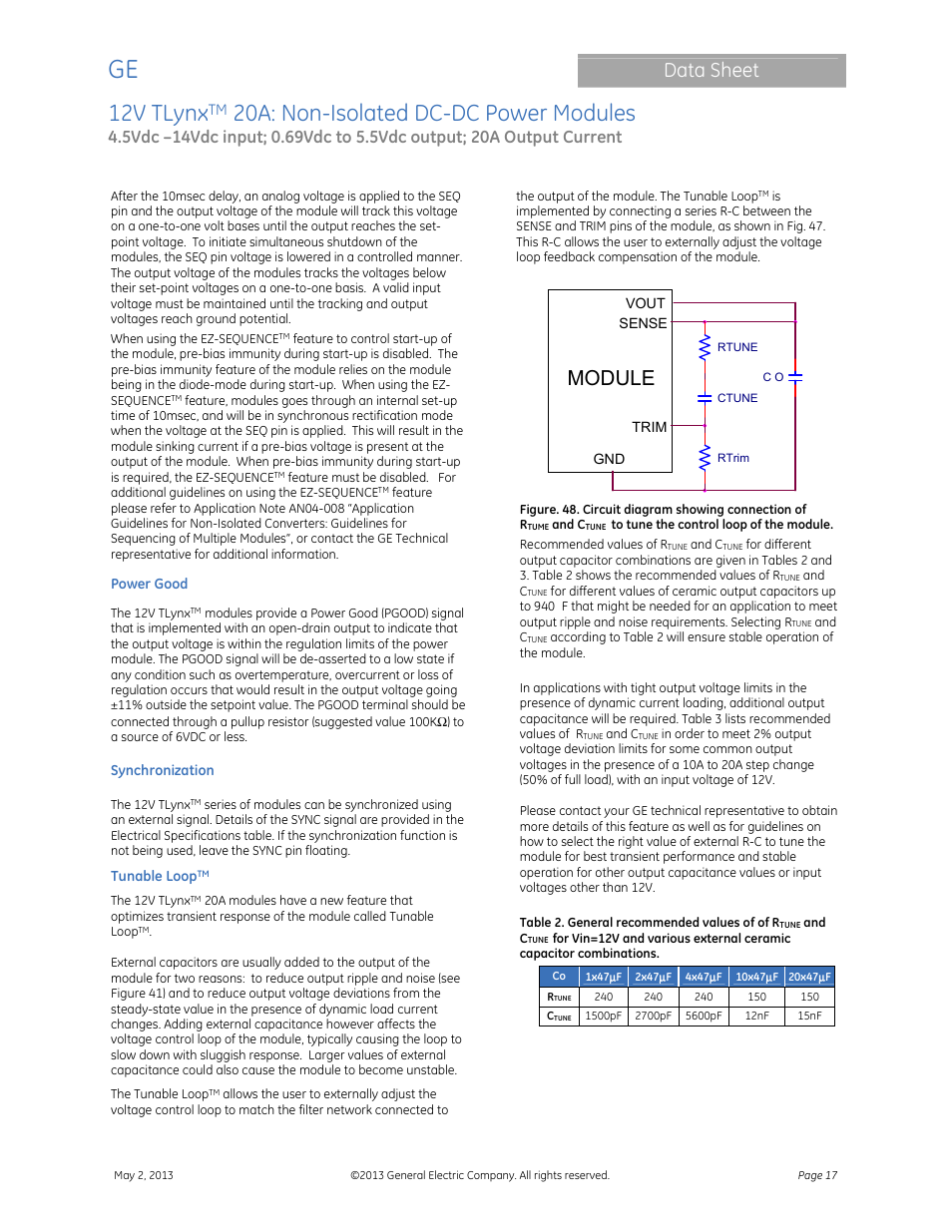 12v tlynx, 20a: non-isolated dc-dc power modules, Data sheet | Module | GE Industrial Solutions 12V TLynx 20A User Manual | Page 17 / 26