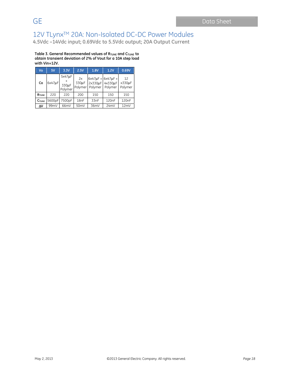 12v tlynx, 20a: non-isolated dc-dc power modules, Data sheet | GE Industrial Solutions 12V TLynx 20A User Manual | Page 18 / 26