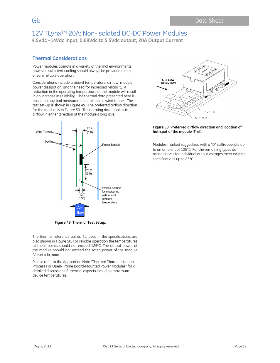 12v tlynx, 20a: non-isolated dc-dc power modules, Data sheet | Thermal considerations | GE Industrial Solutions 12V TLynx 20A User Manual | Page 19 / 26