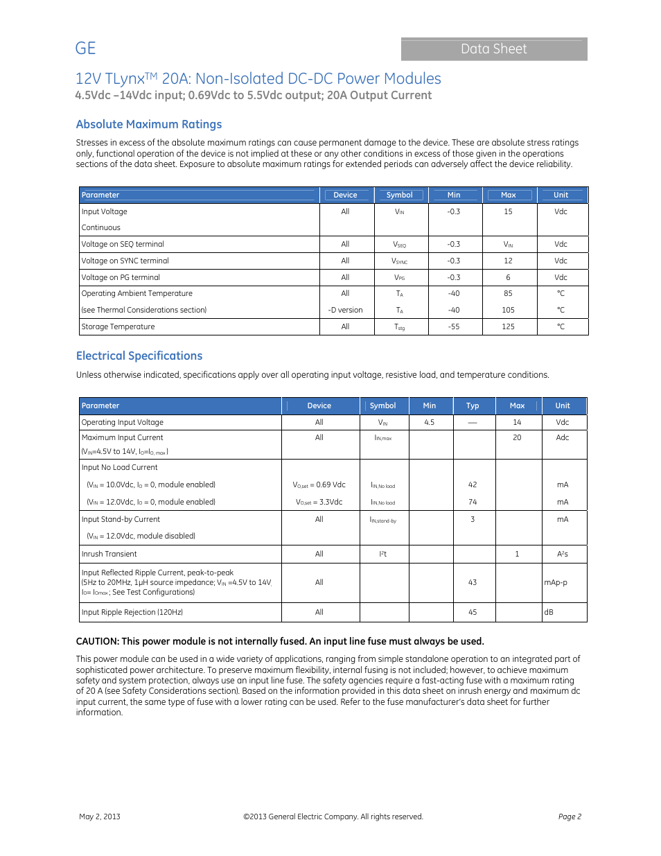 12v tlynx, 20a: non-isolated dc-dc power modules, Data sheet | Absolute maximum ratings, Electrical specifications | GE Industrial Solutions 12V TLynx 20A User Manual | Page 2 / 26