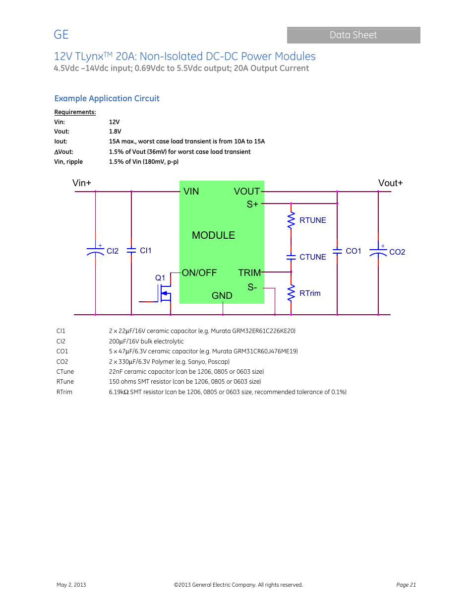 Module, 12v tlynx, 20a: non-isolated dc-dc power modules | Data sheet | GE Industrial Solutions 12V TLynx 20A User Manual | Page 21 / 26
