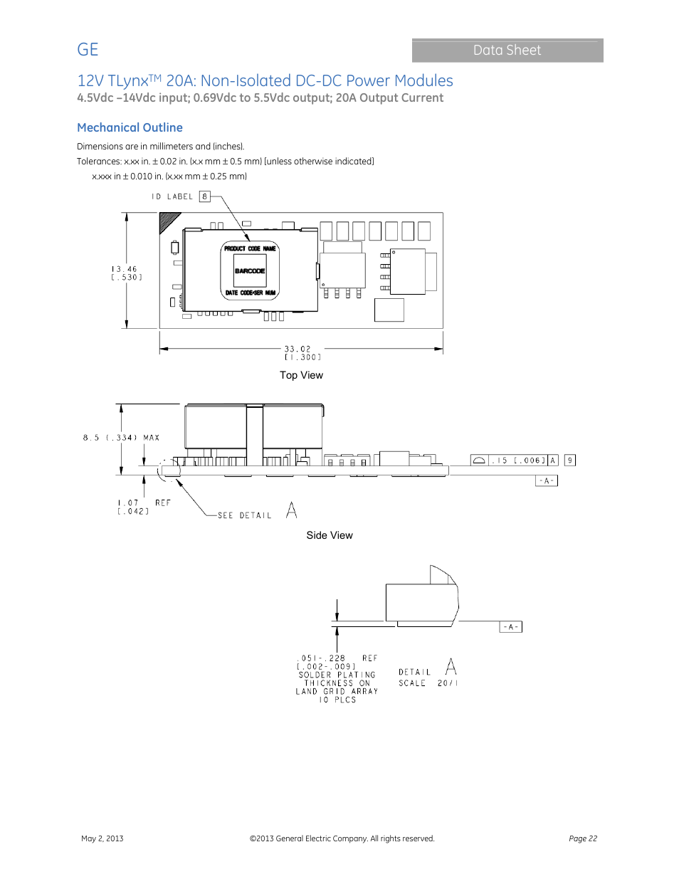 12v tlynx, 20a: non-isolated dc-dc power modules, Data sheet | GE Industrial Solutions 12V TLynx 20A User Manual | Page 22 / 26