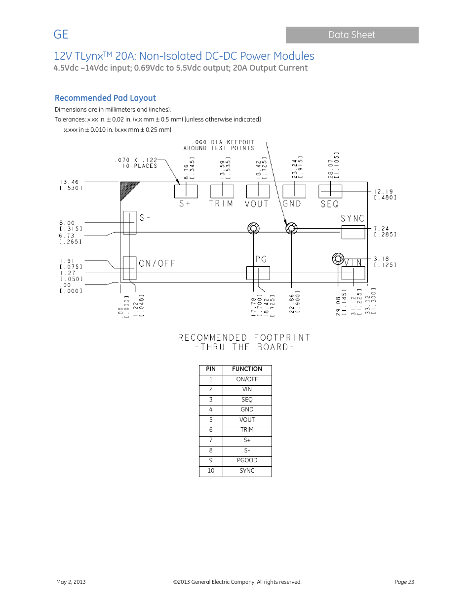 12v tlynx, 20a: non-isolated dc-dc power modules, Data sheet | GE Industrial Solutions 12V TLynx 20A User Manual | Page 23 / 26