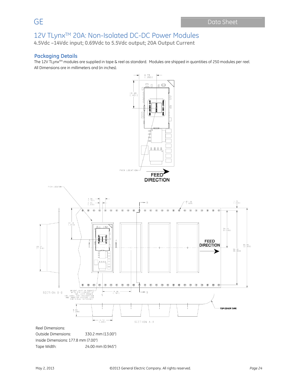 12v tlynx, 20a: non-isolated dc-dc power modules, Data sheet | GE Industrial Solutions 12V TLynx 20A User Manual | Page 24 / 26