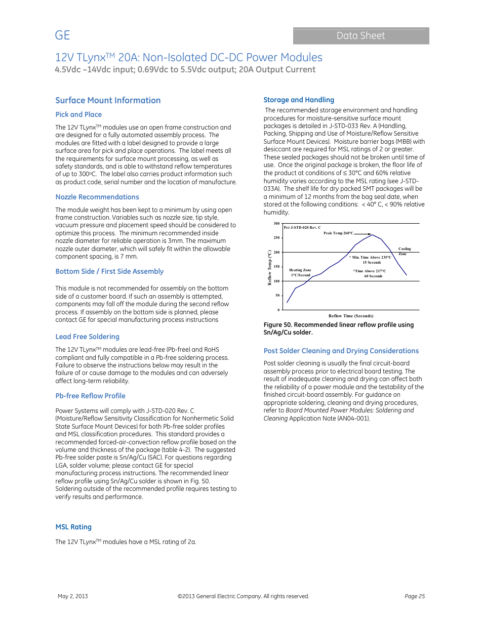 12v tlynx, 20a: non-isolated dc-dc power modules, Data sheet | Surface mount information | GE Industrial Solutions 12V TLynx 20A User Manual | Page 25 / 26