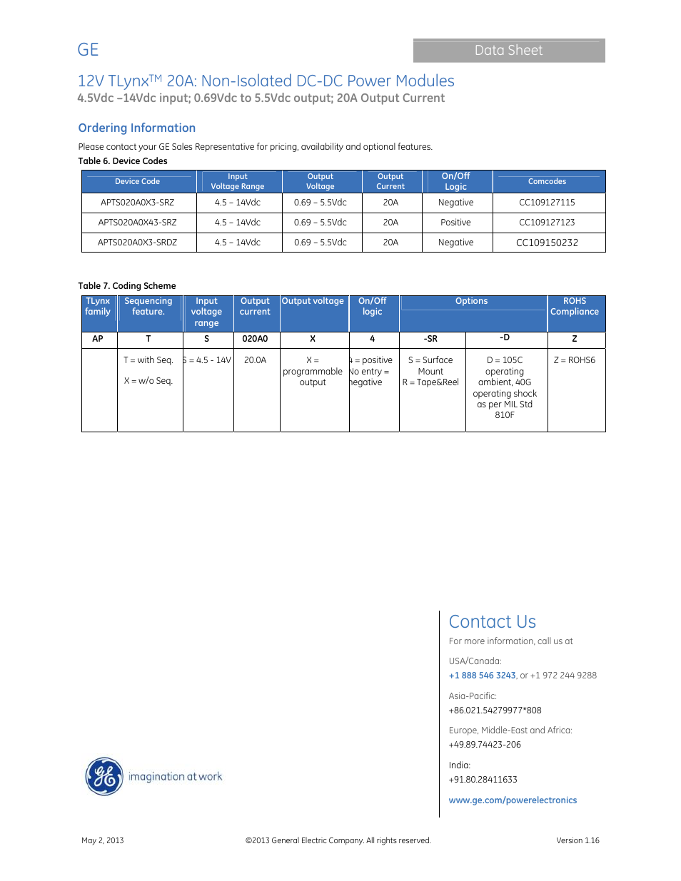 Contact us, 12v tlynx, 20a: non-isolated dc-dc power modules | Data sheet, Ordering information | GE Industrial Solutions 12V TLynx 20A User Manual | Page 26 / 26