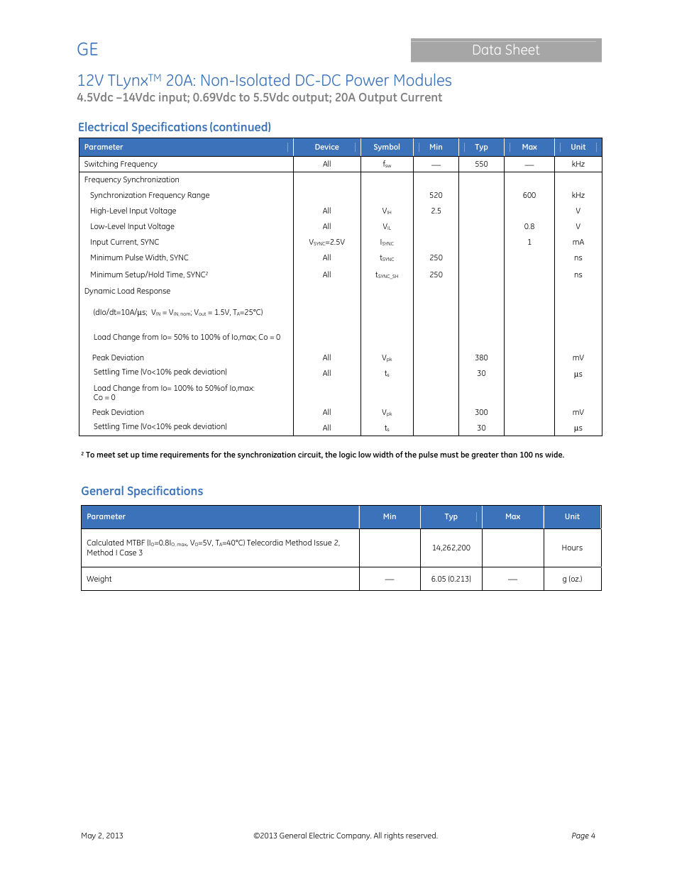 12v tlynx, 20a: non-isolated dc-dc power modules, Data sheet | Electrical specifications, Continued), General specifications | GE Industrial Solutions 12V TLynx 20A User Manual | Page 4 / 26