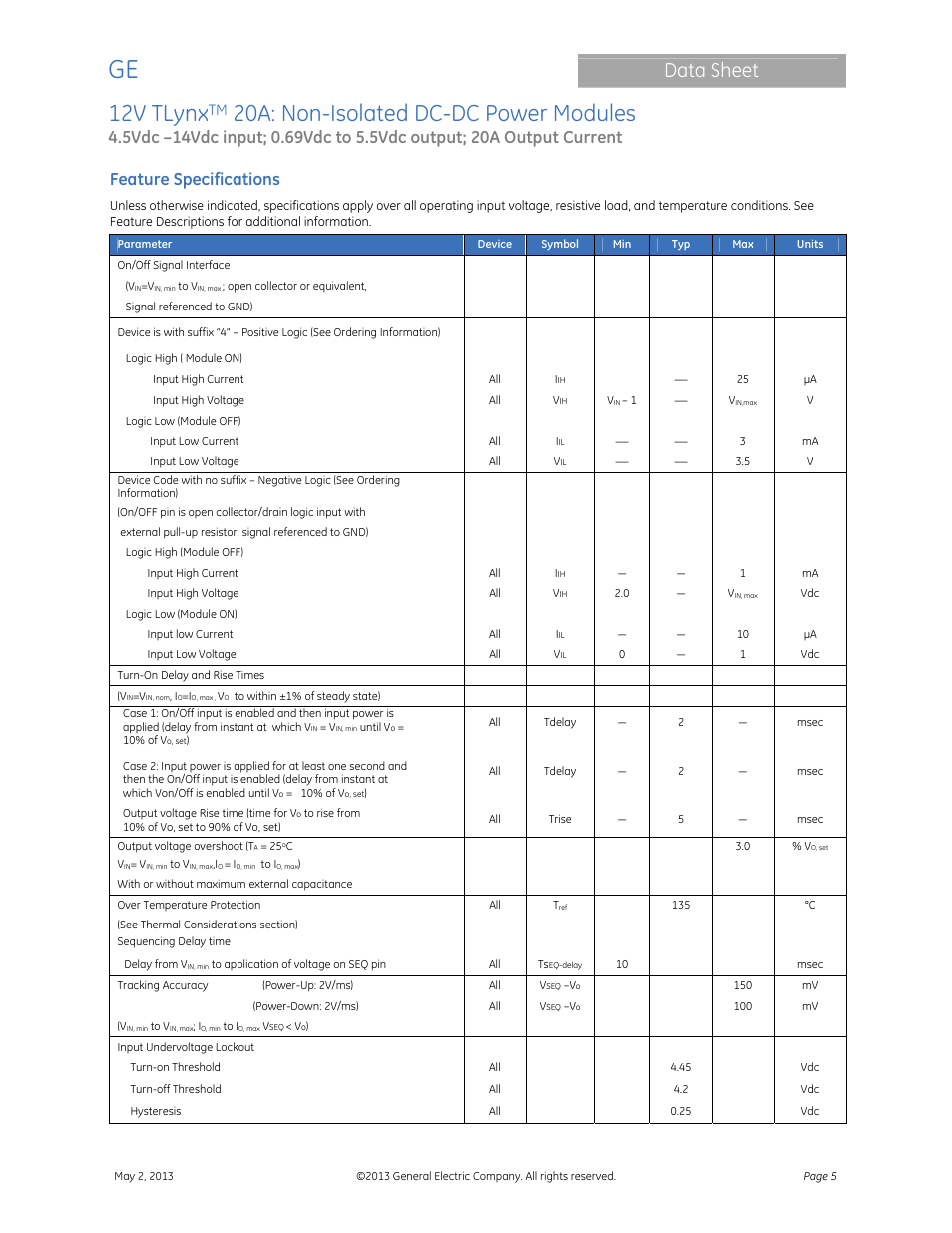 12v tlynx, 20a: non-isolated dc-dc power modules, Data sheet | Feature specifications | GE Industrial Solutions 12V TLynx 20A User Manual | Page 5 / 26