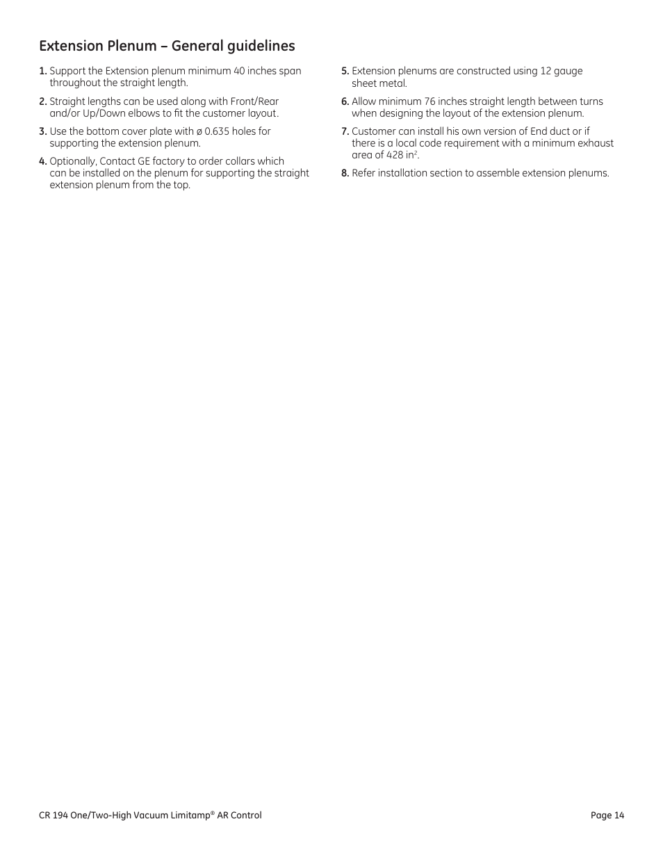 Extension plenum - general guidelines, Extension plenum – general guidelines | GE Industrial Solutions Limitamp AR User Manual | Page 14 / 20