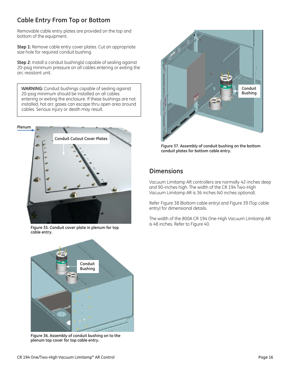 Cable entry from top or bottom, Dimensions | GE Industrial Solutions Limitamp AR User Manual | Page 16 / 20