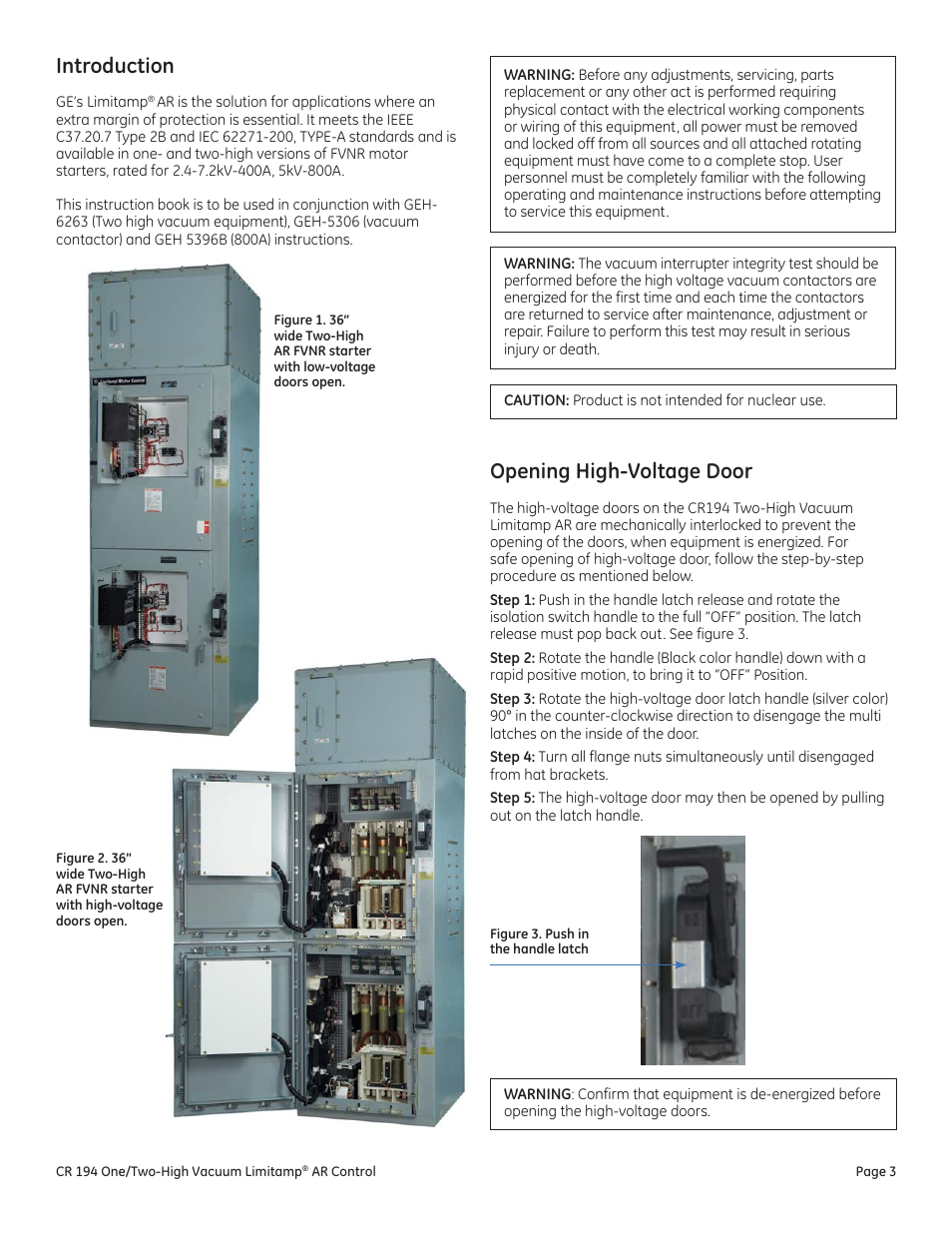 Introduction, Opening high voltage door, Opening high-voltage door | GE Industrial Solutions Limitamp AR User Manual | Page 3 / 20