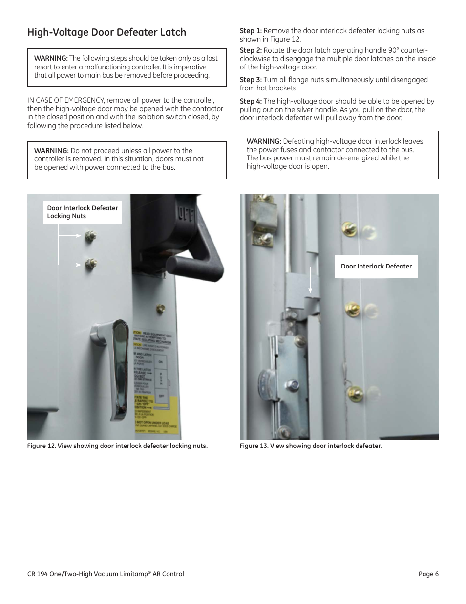 High-voltage door defeater latch | GE Industrial Solutions Limitamp AR User Manual | Page 6 / 20