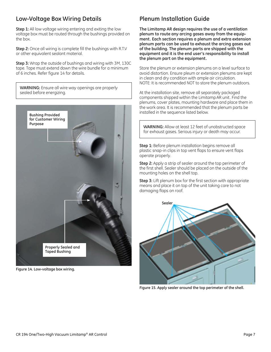 Low-voltage box wiring details, Plenum installation guide | GE Industrial Solutions Limitamp AR User Manual | Page 7 / 20