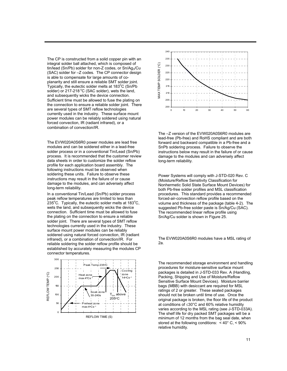 Surface mount information, Continued), Tin lead soldering | Lead free soldering, Pb-free reflow profile, Msl rating, Storage and handling | GE Industrial Solutions EVW020A0S6R0 Series (Eighth-Brick) User Manual | Page 11 / 19