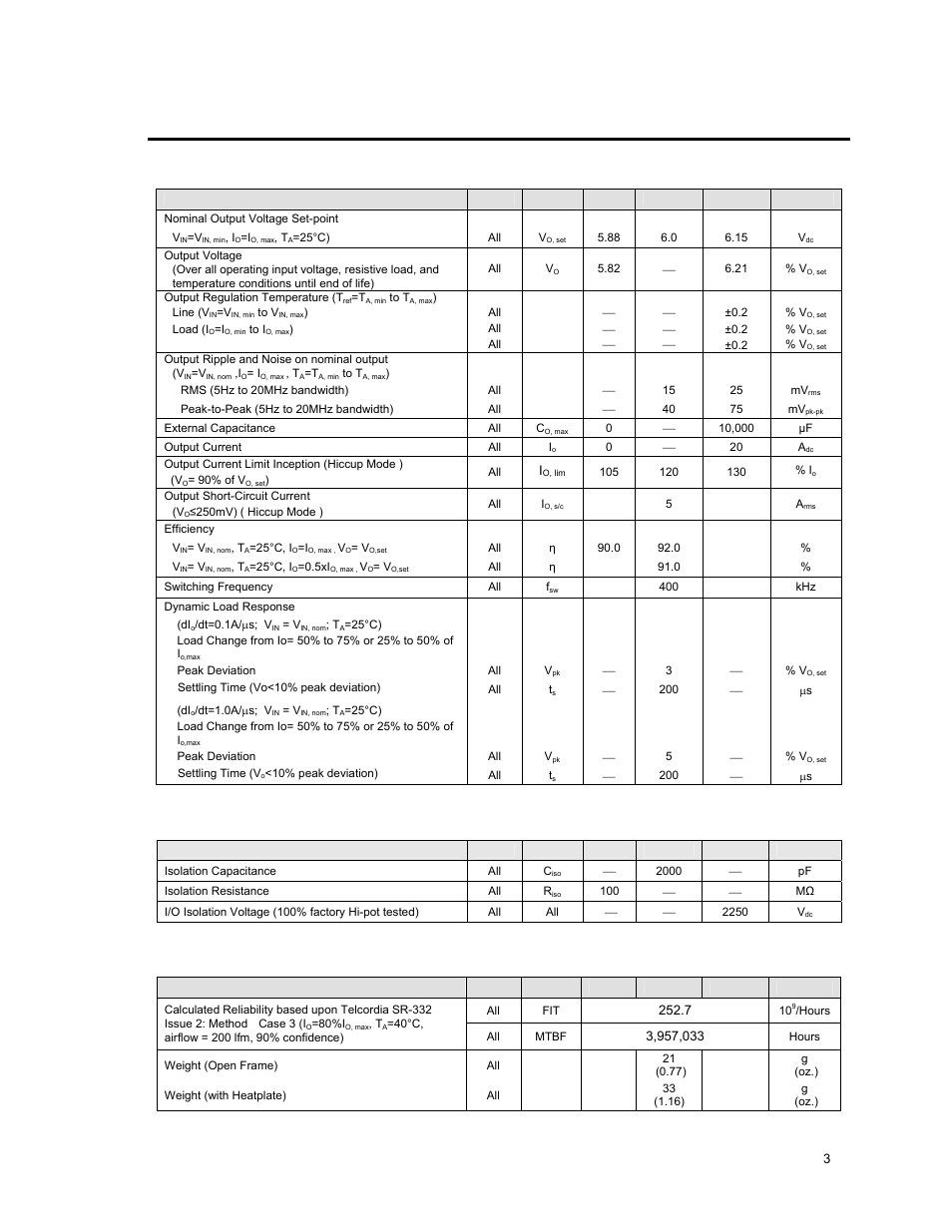 Electrical specifications (continued), Isolation specifications, General specifications | GE Industrial Solutions EVW020A0S6R0 Series (Eighth-Brick) User Manual | Page 3 / 19